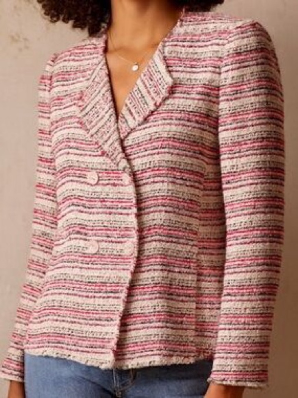 Rebecca Taylor Optic Tweed Candy Apple Stripes Double Breasted Frayed Blazer, 4